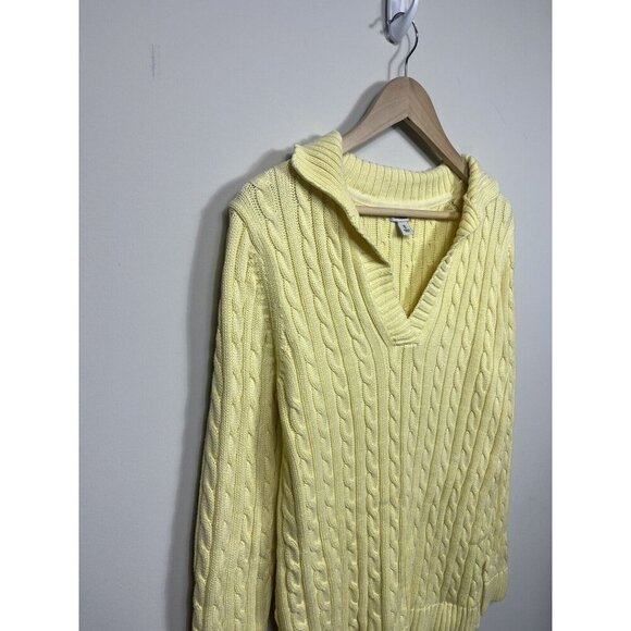 LL BEAN Womens Sweater Medium Yellow Cable Knit Collared Long Sleeve - Picture 3 of 9